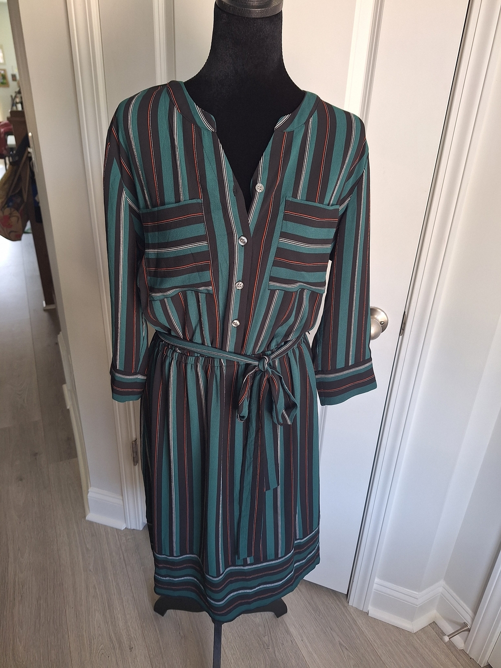 Dressbarn Striped Midi Shirt Dress in Teal and Brown